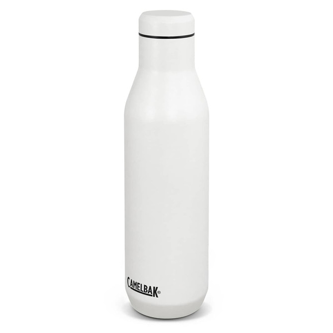 A drink bottle with a sleek white design, featuring a logo at the base. It holds 750ml.