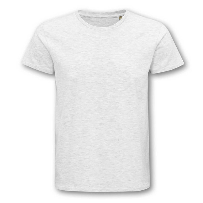 A plain white organic cotton men's t-shirt with a round neck and short sleeves. It features a logo on the label.