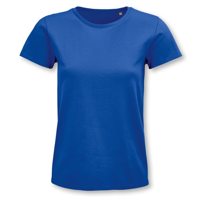 A blue women's organic T-shirt with a round neck and short sleeves. It features a logo on the label.