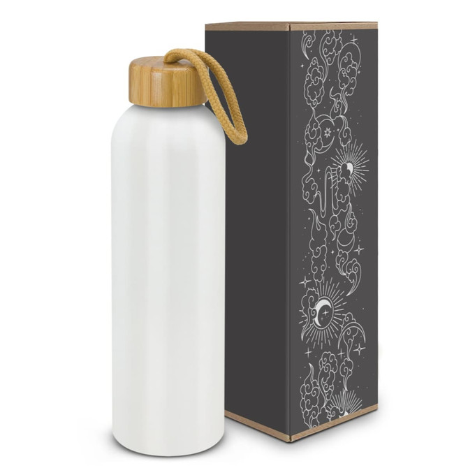 A drink bottle in white, featuring a bamboo lid and a woven handle, beside a decorative box.