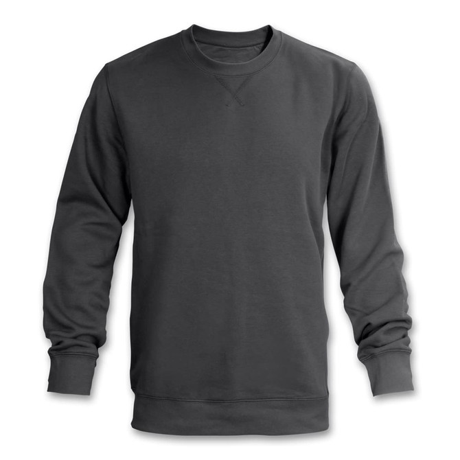 A classic unisex sweatshirt in dark grey with long sleeves and a crew neckline. Features a branding logo.