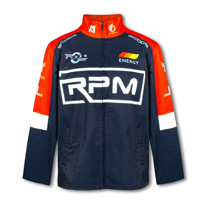 A custom men's premium softshell jacket in navy blue with red and white details, featuring a logo on the front.