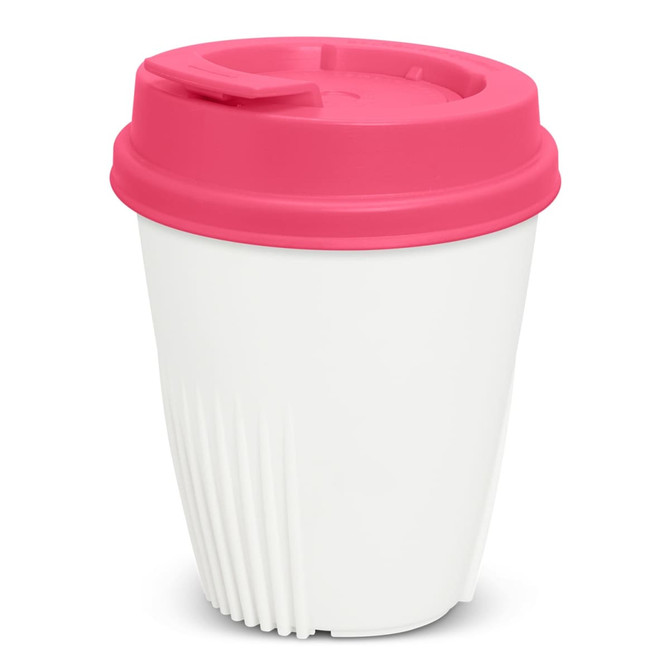 A drink bottle featuring a white body and a pink lid, with ridged detailing and a logo.