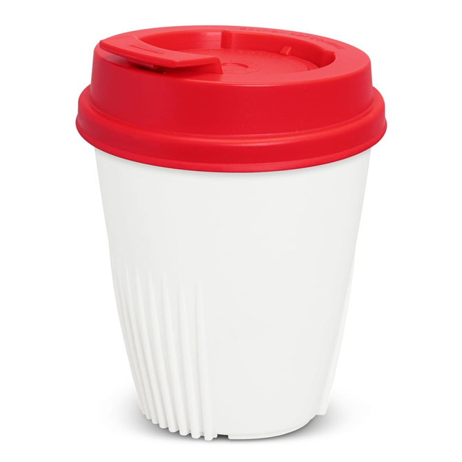 A drink bottle in white with a red lid, featuring a ribbed design and a logo.