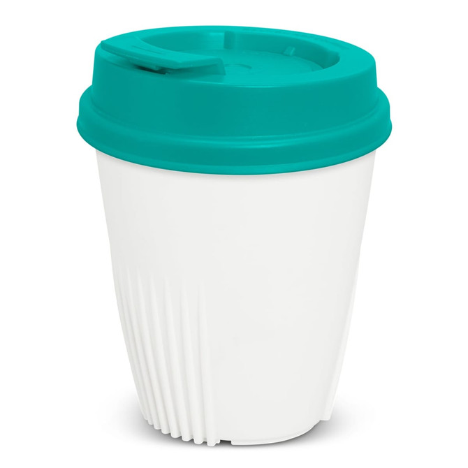A drink bottle featuring a white body and a teal lid, with a ribbed design and a logo.
