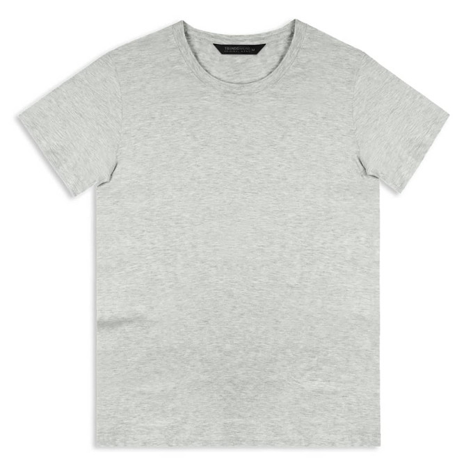 A light grey men's t-shirt with a round neck and short sleeves. The shirt has a branding logo.