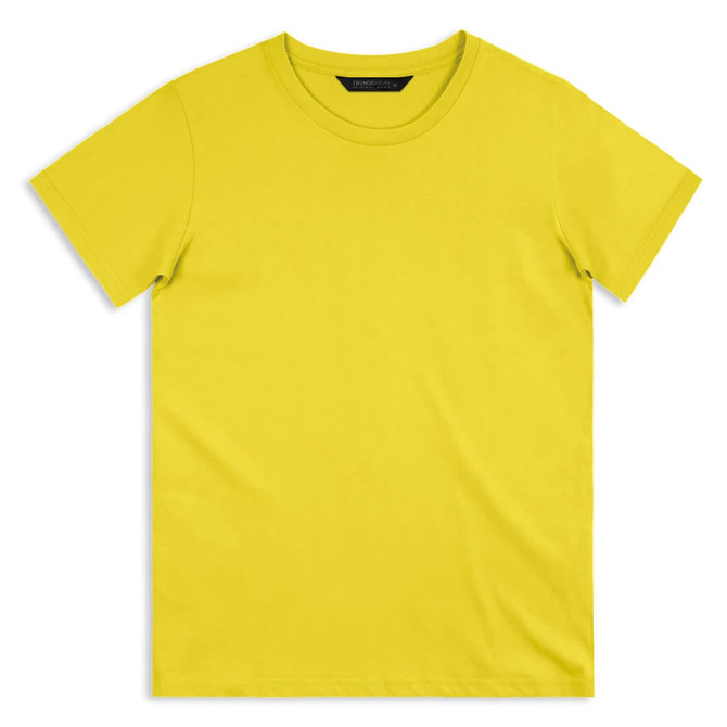 A plain yellow T-shirt with a round neckline and short sleeves, featuring a logo on the tag.