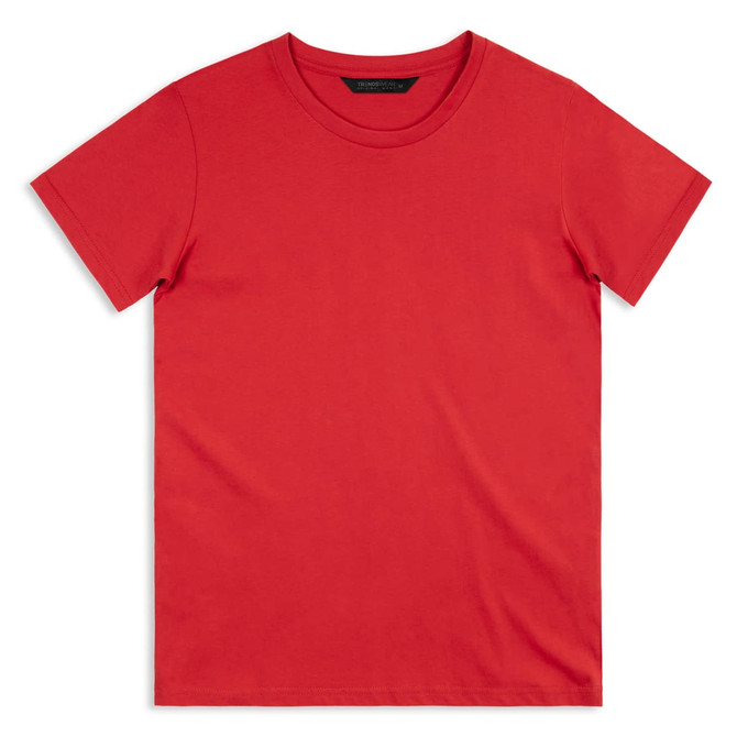A red men's T-shirt featuring a round neckline and short sleeves. The shirt has a logo on the label.
