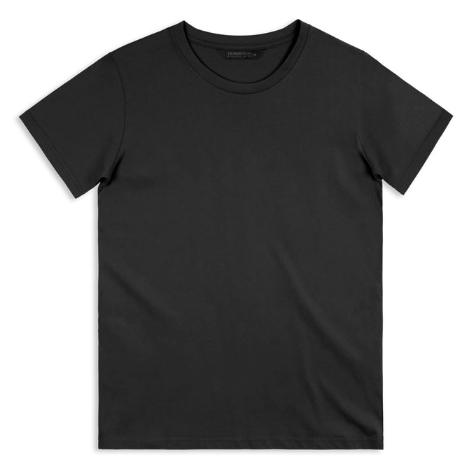 A black men's T-shirt with a simple crew neck and short sleeves, featuring a logo.