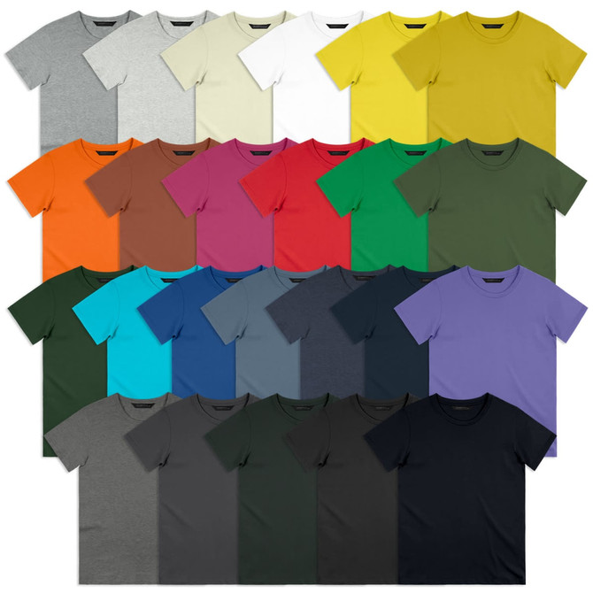 A collection of TRENDSWEAR Original Men's T-Shirts in various colours, including grey, white, yellow, and more.