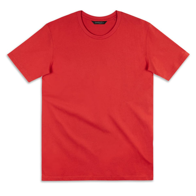 A red T-shirt featuring a round neckline and short sleeves, with a logo on the tag.
