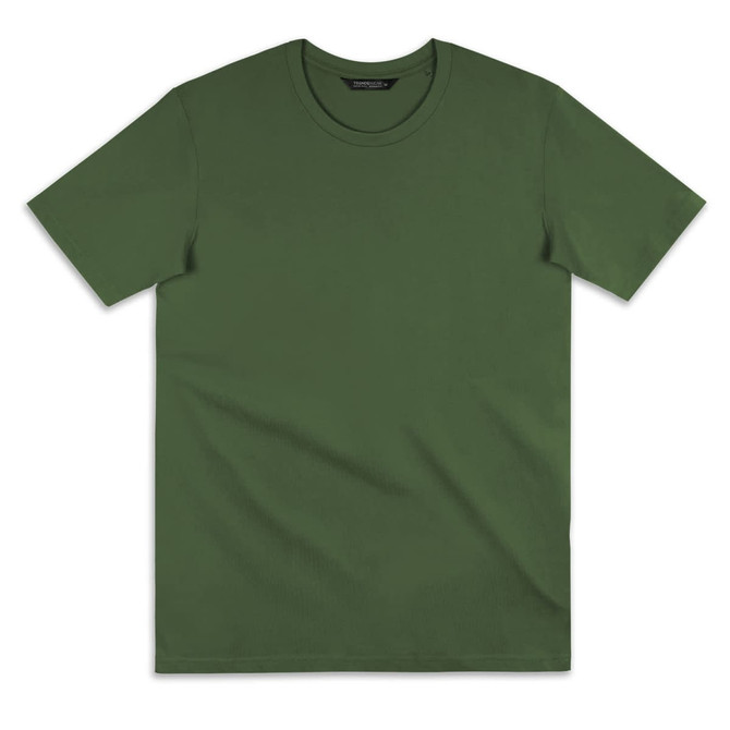A plain olive green T-shirt with a crew neckline and short sleeves. It features a branding logo on the neck.