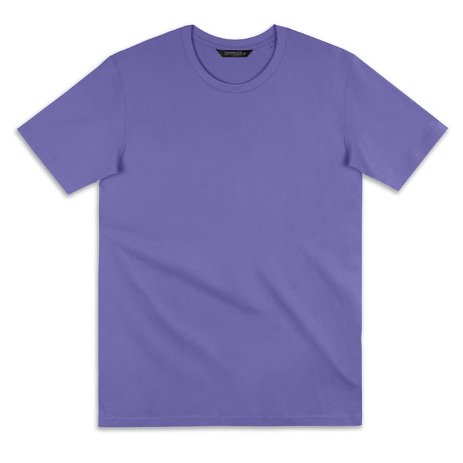 A purple women's t-shirt with a classic crew neck and short sleeves, featuring a simple design and branding.