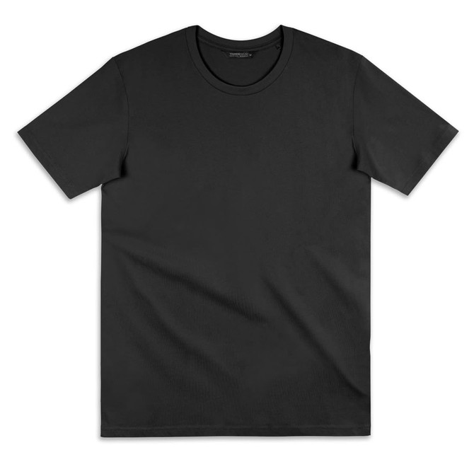 A black women's t-shirt featuring a round neckline and short sleeves, with a logo displayed.