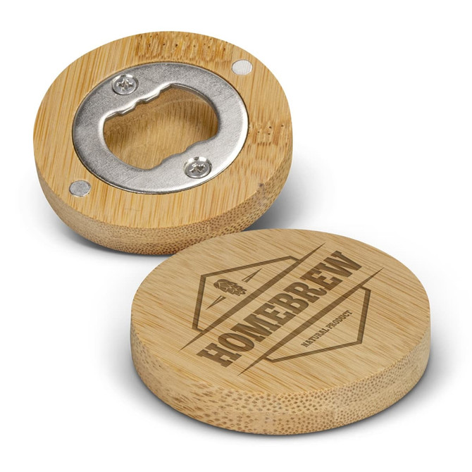 A drink bottle opener with a bamboo body and a metal opener, featuring a logo engraved on the surface.