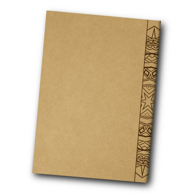 A brown notebook with a decorative patterned spine. It features a simple and minimalist design.