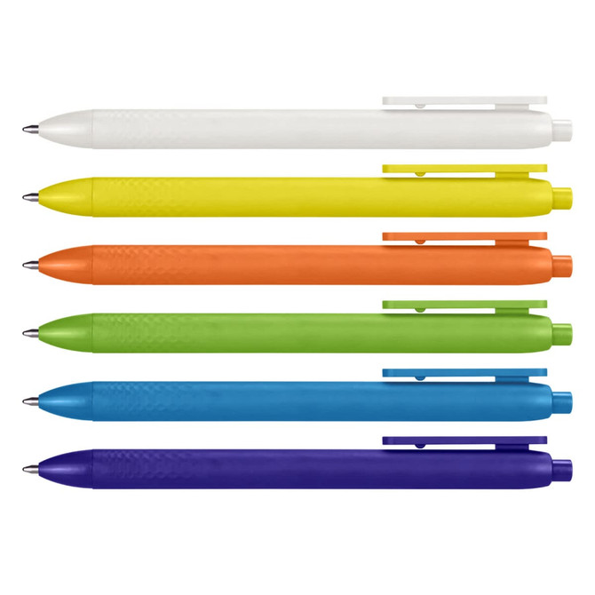 A selection of six pens in white, yellow, orange, green, blue, and purple, featuring a textured grip and clip.