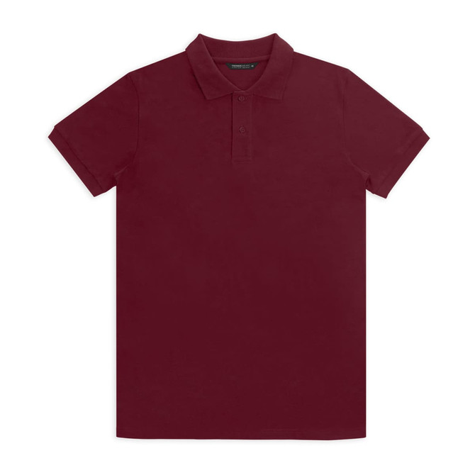 A maroon polo shirt with a collar and three buttons, featuring a logo on the chest.