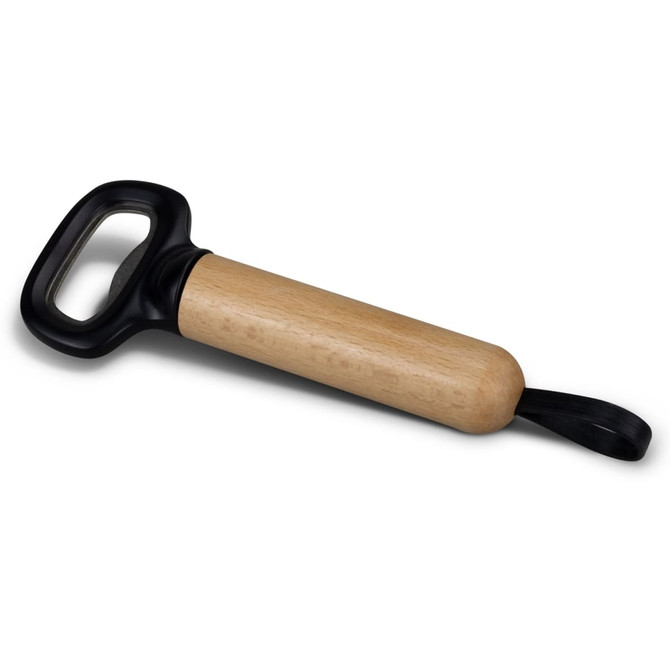A drink bottle opener featuring a wooden handle and black metal top, with a loop for hanging.