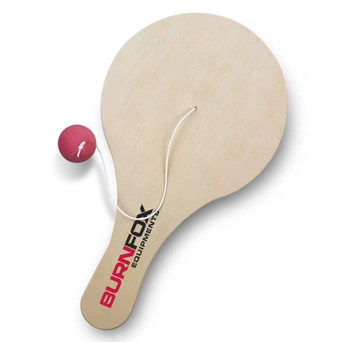 A wooden paddle ball game in natural wood colour with a red ball and string, featuring a logo on the handle.
