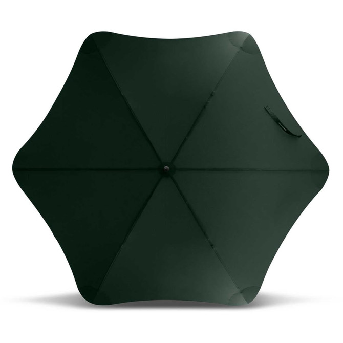 A green BLUNT Sport Umbrella with a hexagonal shape, featuring a central button and a handle. It has a logo on the surface.