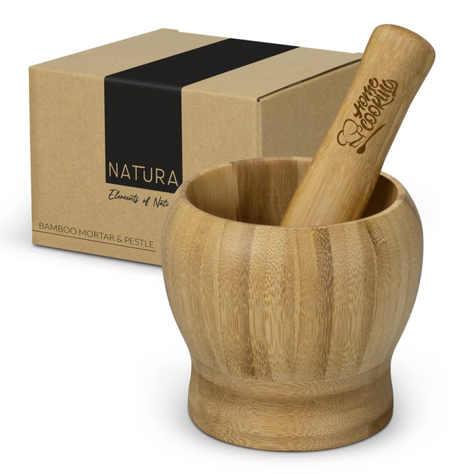 A bamboo mortar and pestle set in a round shape, accompanied by a kraft box featuring a logo.