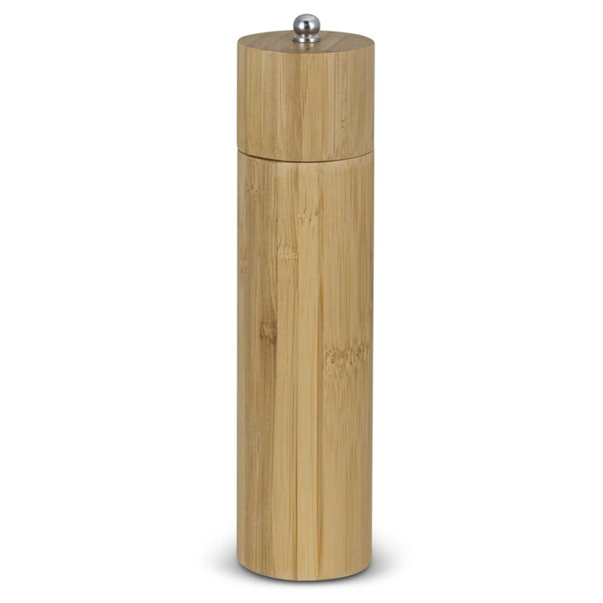 A bamboo pepper mill with a sleek cylindrical design and a silver top, featuring a simple branding logo.