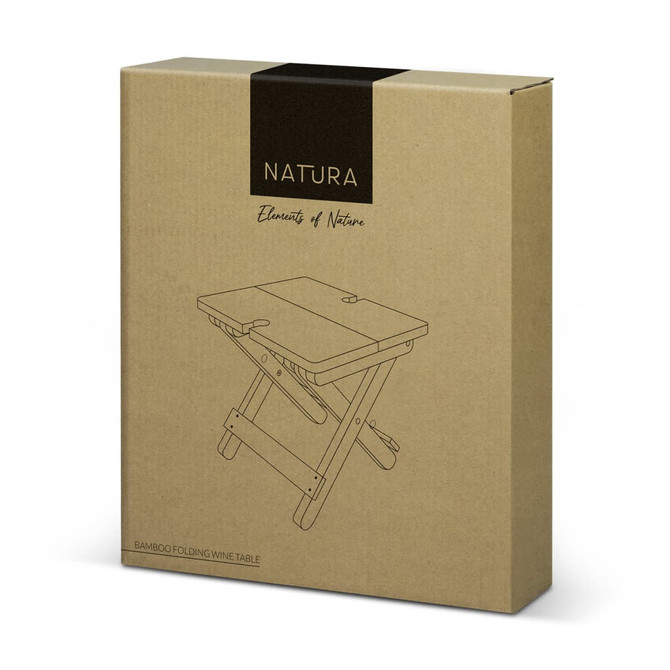 A brown cardboard box containing a bamboo folding wine table, featuring a simplistic line drawing and a logo.