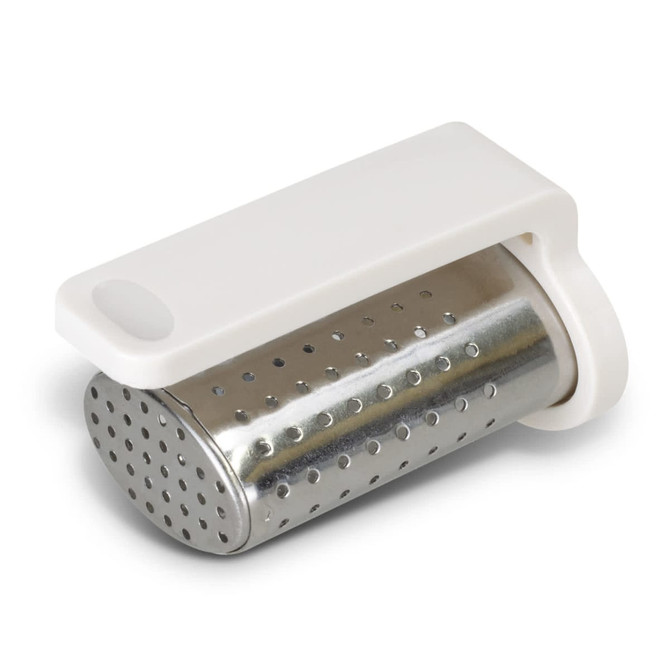 A travel tea infuser with a silver perforated metal body and a white plastic handle. It features a logo on the handle.