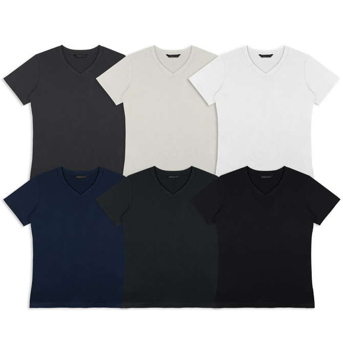 A collection of six v-neck t-shirts in various colours: black, navy, dark grey, light grey, white, and olive. Each has a logo.