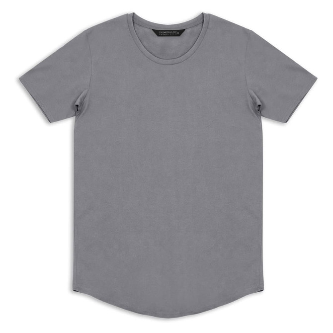 A grey men's t-shirt with a round neck and short sleeves, featuring a slight curved hem and a logo.