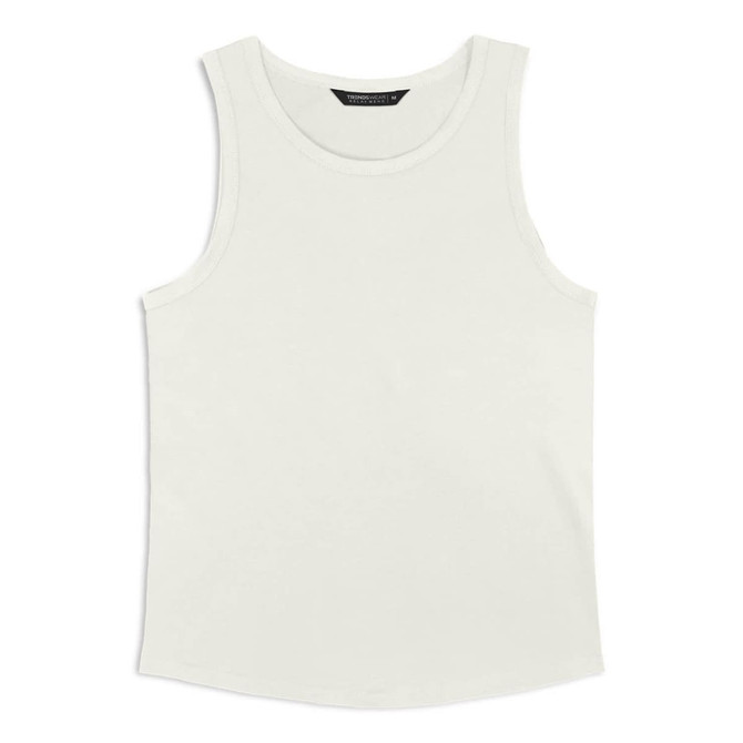 A white men's tank top with a simple design and a logo on the label.