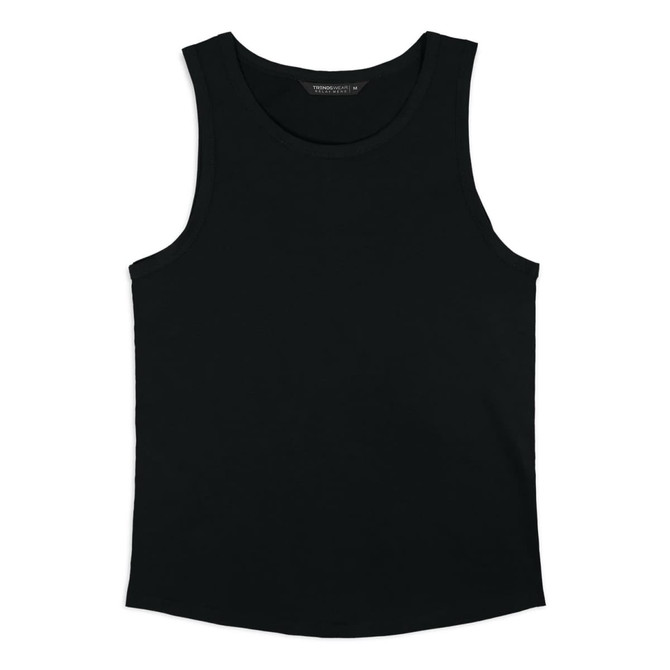 A black men's tank top with a simple design and a branded label.