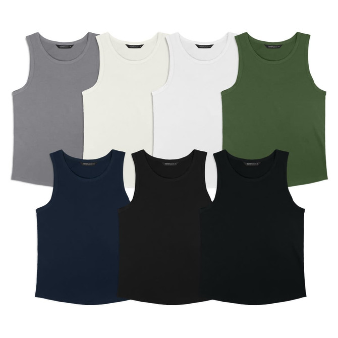 A collection of men's tank tops in grey, white, black, navy, and green, featuring a logo on some.
