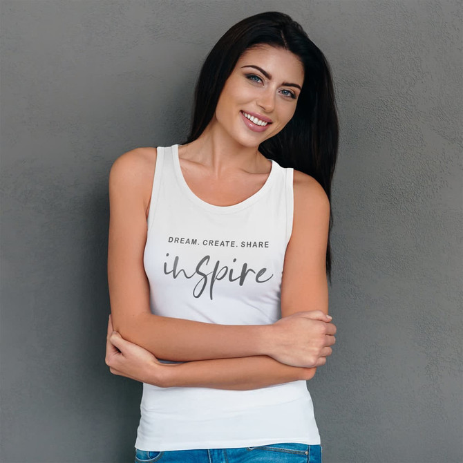A white women's tank top with a logo, featuring a casual fit and text design.