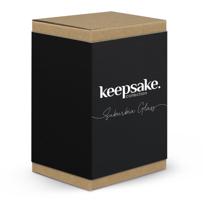 A black and kraft box containing the Keepsake Suburbia Glass, featuring a simple logo.