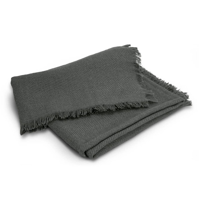 A green herringbone throw blanket with fringed edges, folded neatly on a white background.