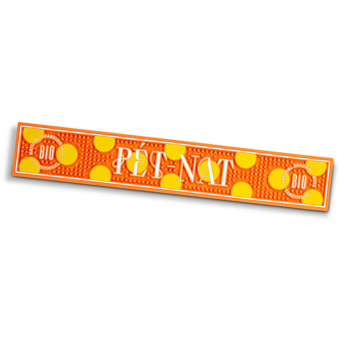 An orange PVC bar runner featuring yellow dots and a branding logo, designed for home bar use.