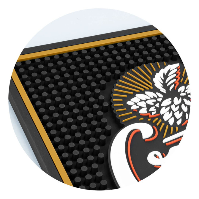 A large PVC bar runner in black with a textured surface and a decorative logo design in gold and white.