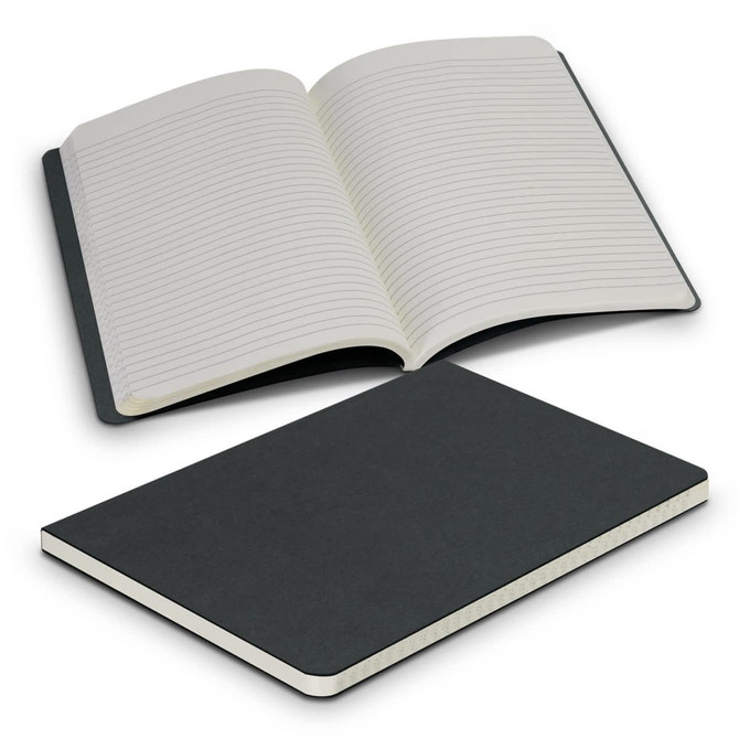A recycled cotton soft cover notebook in dark grey, featuring lined pages and a sleek design.