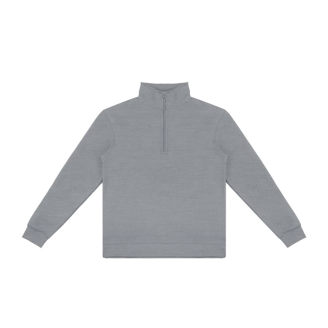 A grey unisex quarter zip jumper with long sleeves and a high collar. It features a central zip and ribbed cuffs.