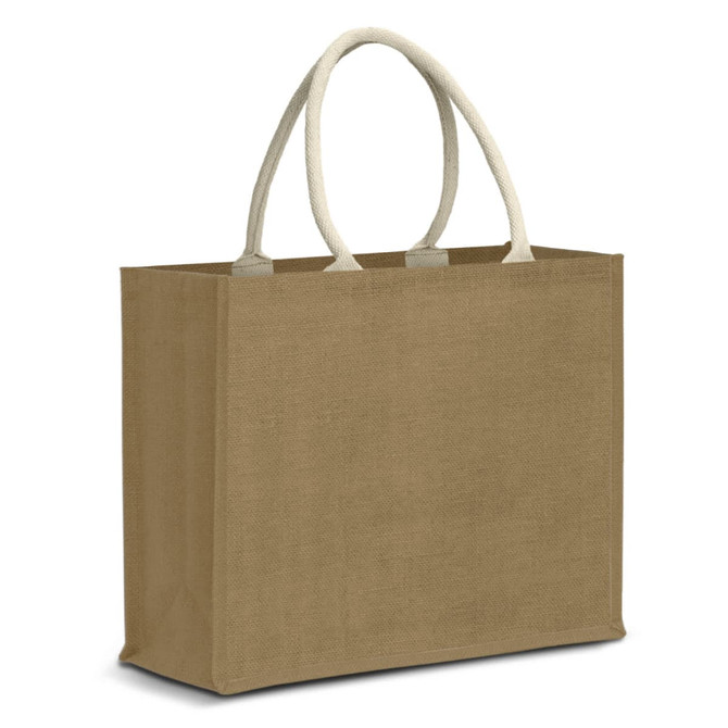 A jute tote bag in a natural brown colour with cream handles and an attached logo.