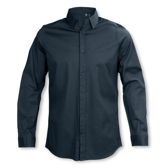 A dark green button-up shirt with long sleeves and a collar, featuring a logo on the chest.