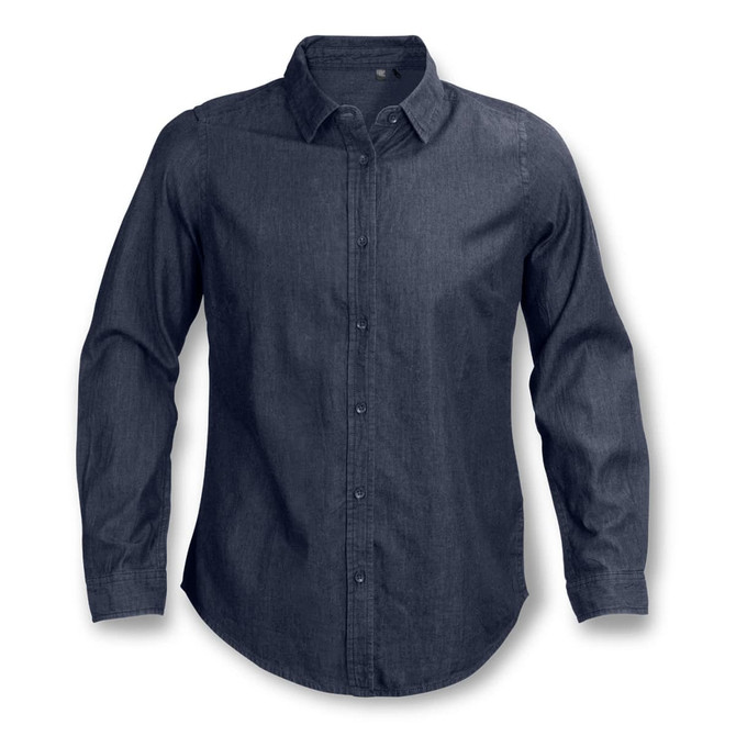 A women's button-up denim shirt in dark blue, featuring long sleeves and a collared neckline. It has a logo.