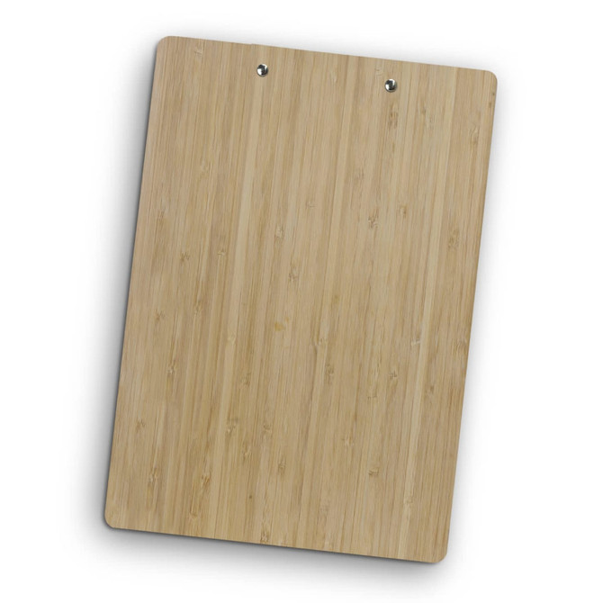 A bamboo clipboard in a natural light brown finish, featuring two metal clips at the top.