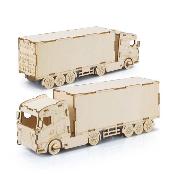 Large wooden model of a truck in natural wood colour, featuring detailed cutouts and a simple design.