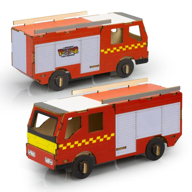 A wooden model of a fire truck in red and yellow, featuring movable parts and a logo, designed as a novelty item.