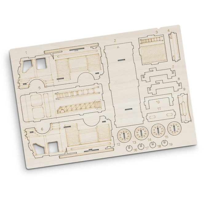 A wooden model kit featuring various parts of a fire truck, in natural wood colour, with detailed cutouts.