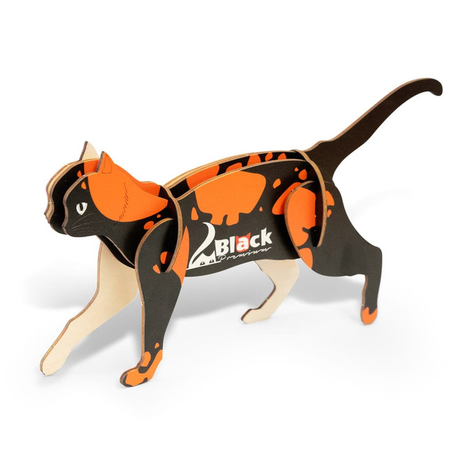 A wooden model of a cat in black and orange with a logo, designed as a novelty item for fun and games.