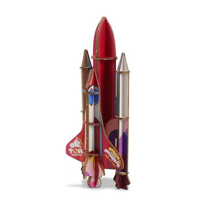 A wooden model of a rocket ship featuring red, brown, and white colours, with a logo displayed on it.